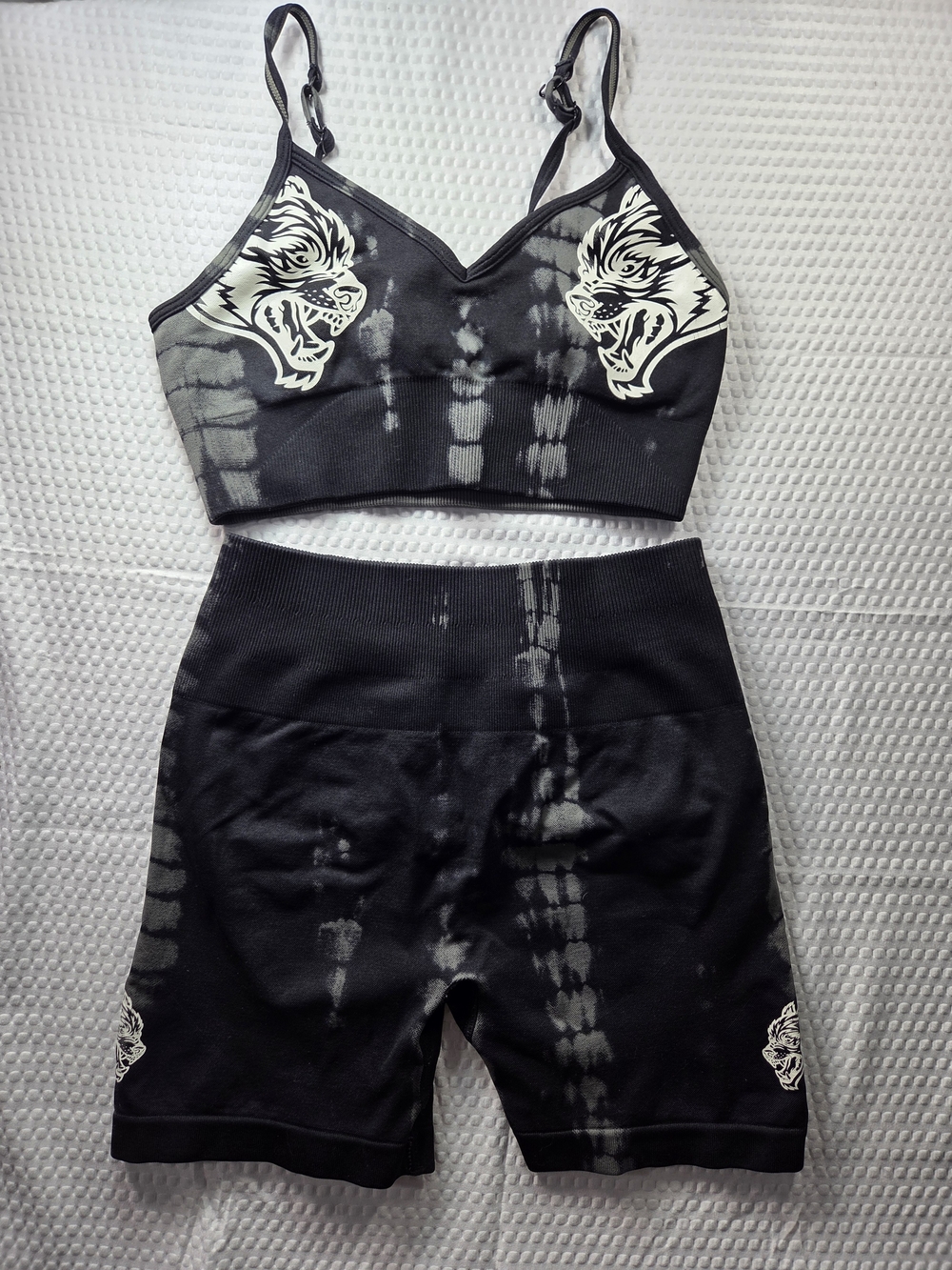 Darc Sport Black Tie-Dye Wolf Motif Sports Bra & Biker Shorts Set